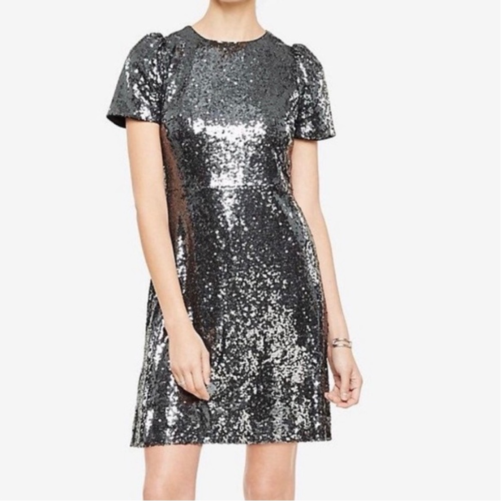 Ann Taylor Puff Sleeve Gunmetal Sequin Dress. Size 18.